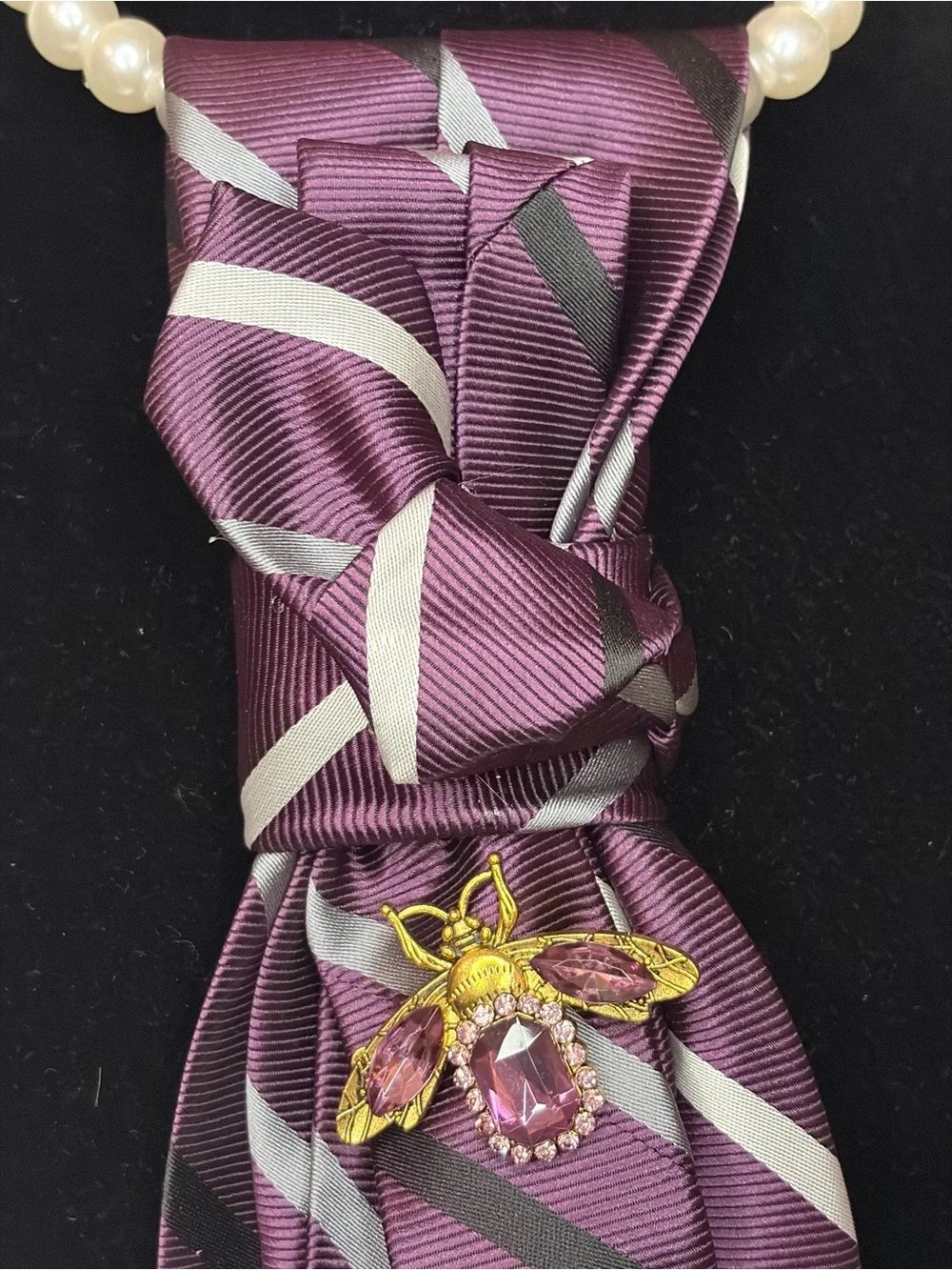 Purple Striped Necktie with Bee Brooch